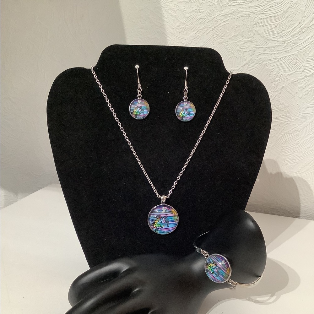 Boutique - 4pcs fashion cabochon Set TURTLE 🐢 bracelet earrings necklace - Picture 4 of 5
